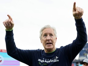 Head coach Pete Carroll of the Seattle Seahawks after a win over the Tennessee Titans at Nissan Stadium on Dec. 24, 2023 in Nashville, Tennessee.