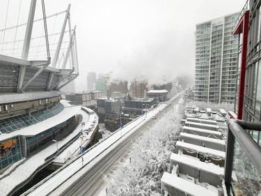 January 17 2024. B.C. Place and some of the downtown Vancouver skyline during snowfall. Vancouver Snow Day 2024