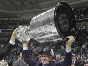 Jim Rutherford of the Pittsburgh Penguins celebrates with the Stanley Cup after their 3-1 victory to win the Stanley Cup against the San Jose Sharks in Game Six of the 2016 NHL Stanley Cup Final at SAP Center on June 12, 2016 in San Jose, California.