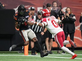 B.C. Lions' Keon Hatcher, left, makes a touchdown reception as Calgary Stampeders' Kobe Williams watches during the first half of the CFL western semifinal football game in Vancouver in November.