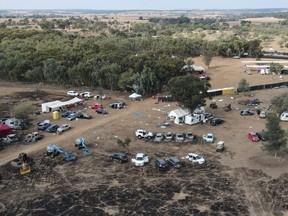 An aerial picture shows the site of the weekend attack on the Supernova desert music Festival by Hamas near Kibbutz Reim in the Negev desert in southern Israel on October 10, 2023.