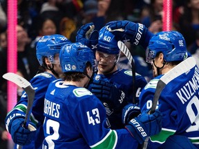 Canucks centre Elias Pettersson is congratulated for finding the net earlier this month.