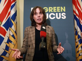 B.C. Green Party leader Sonia Furstenau speaks to media at the legislature in Victoria on Monday, February 6, 2023.