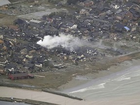 This shows an area affected by an earthquake in Suzu, Ishikawa prefecture, Japan Tuesday, Jan. 2, 2024.