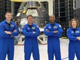 This photo posted on X, formerly known as Twitter, on Tuesday, Aug. 8, 2023, shows astronauts, from left, Jeremy Hansen, Reid Wiseman, Victor Glover and Christina Koch. THE CANADIAN PRESS/AP-NASA via AP