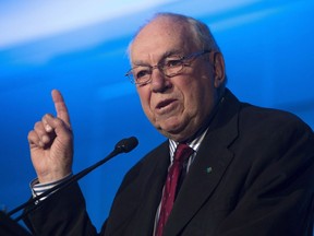 Former NDP leader Ed Broadbent delivers remarks at the start of the Progress summit in Ottawa on April 1, 2016. Broadbent has died at age 87, says the institute he founded.