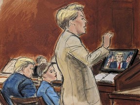 In this courtroom sketch, E. Jean Carroll's attorney Roberta Kaplan gives her summation to the jury in Manhattan federal court as former U.S. president Donald Trump, far left, and E. Jean Carroll, far right, listen, on Friday, Jan. 26, 2024, in New York.