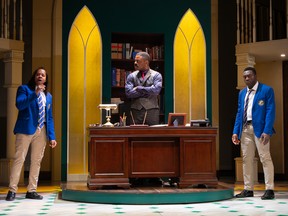 Clarence “CJ” Jura, Stewart Adam McKensy, and Kwaku Okyere in Choir Boy, 2024: set and costume design by Rachel Forbes; lighting design by Sophie Tang; photo by Moonrider Productions for the Arts Club Theatre Company.