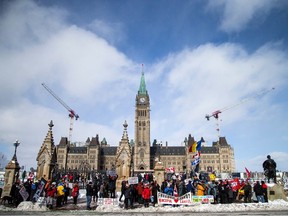 Hundreds of convoy protesters returned to Parliament Hill Saturday, Feb. 17, 2024, on the two-year anniversary of the invocation of the Emergencies Act that ended the protest.