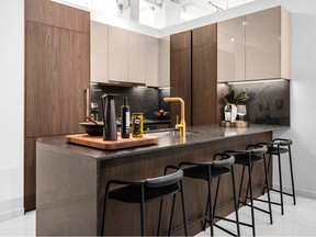 The kitchen’s European flair extends to the major appliances with refrigerators, cooktops, wall ovens and dishwashers all from the Italian designed Bertazzoni product range.