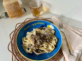 Mafaldine pasta with creamy mushroom sauce.