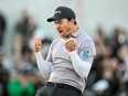 Abbotsford's Nick Taylor celebrates making his birdie putt to win on the second-playoff hole against Charley Hoffman during the final round of the WM Phoenix Open at TPC Scottsdale on Feb. 11, 2024 in Scottsdale, Arizona.