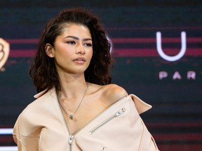 US actress and singer Zendaya Maree Stoermer poses during a press conference for the film "Dune: Part Two" in Seoul on February 21, 2024. (Photo by ANTHONY WALLACE / AFP) (Photo by ANTHONY WALLACE/AFP via Getty Images)