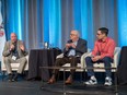 VANCOUVER, B.C.: Feb. 13, 2024 ? Housing the next million - UBCM Housing Summit on Tuesday, Feb. 13, 2024. Left to Right: UBCM President, Trish Mandewo, Mike Hurley, Mayor of Burnaby, Malcolm Brodie, Mayor of Richmond, Nathan Pachal, Mayor of Langley City. Photo credit: UBCM. For Dan Fumano