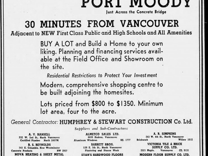  Ad for the Coronation Park subdivision in Port Moody in the Dec. 19, 1953, Vancouver Sun. Lots were priced from $800 to $1,350, and when houses came on the market in 1955, they ranged from $13,150 to $15,900. Much of the area is now being redeveloped in a 14.8-acre, master planned community by Wesgroup.