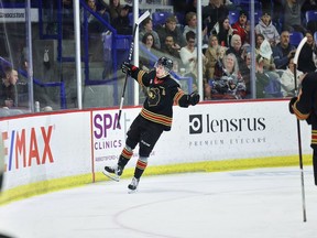 Mazden Leslie of the Vancouver Giants celebrates a goal in a 3-1 win Friday over the Portland Winterhawks.