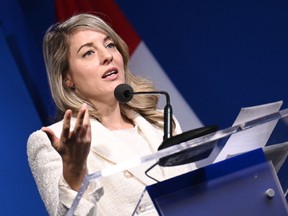 Foreign Affairs Minister Mélanie Joly gives a speech in Washington, DC, on February 13, 2024.