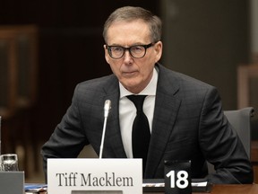 Bank of Canada Governor Tiff Macklem appears at the Parliament Hill finance committee meeting on Thursday, Feb. 1, 2024 in Ottawa.