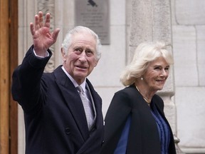 FILE - Britain's King Charles III and Queen Camilla leave The London Clinic in central London on Jan. 29, 2024. Following the announcement of Charles' cancer diagnosis on Feb. 5, 2024, he met with his son, Prince Harry for their first in-person conversation in 16 months.