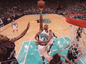 Vancouver Grizzlies Shareef Abdur -Rahim goes up to score two points during NBA action againist the Utah Jazz at GM Place in 1999.