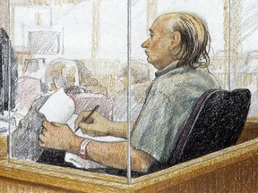 An artist's sketch shows accused serial killer Robert Pickton taking notes during the second day of his trial in B.C. Supreme Court in New Westminster, B.C., Tuesday January 31, 2006. Pickton is now eligible to apply for day parole, but a lawyer representing the family members of some of his victims says there's no chance of it being granted.