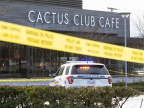 Coquitlam RCMP investigate a shooting outside Cactus Club beside the Coquitlam Centre Mall in Coquitlam, BC, February 12, 2024.