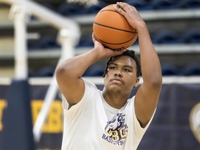 Solomon Irama takes some shots with the UBC team at practice. The former Point Grey and UBC Thunderbird student starred in the Apple TV Series 'Swagger,' based on the story of Kevin Durant.