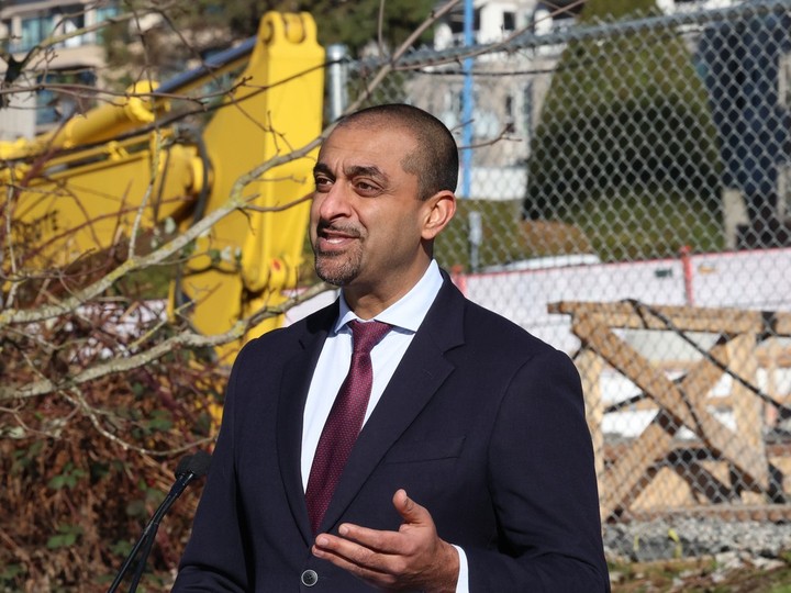  B.C. Housing minister Ravi Kahlon speaks to media during a housing announcement in North Vancouver, B.C., on February 13, 2024.