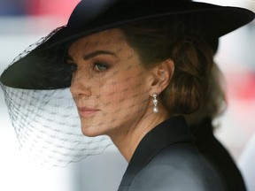 Kate Middleton, Princess of Wales is driven down The Mall after the funeral for HM Queen Elizabeth II's funeral on September 19, 2022 in London, England.