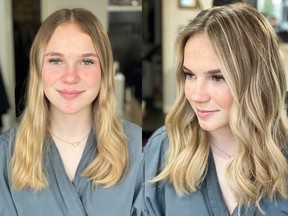 Madelyn has naturally dark-blonde hair, which was previously highlighted. It has been several months since her last colour appointment and was in need of a refresher.