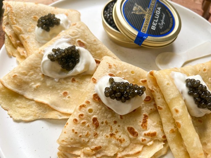  Crêpes with crème fraiche and the premium Giaveri Imperial Beluga Caviar from Italy.