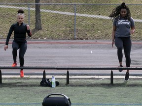 Marwa Shidid, left, and Aisha Delpeche work out at Kent Park in 2022.
