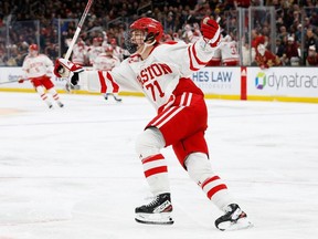 Macklin Celebrini #71 of the Boston University Terriers celebrates his goal against the Boston College Eagles during the first period of the semifinals of the Beanpot Tournament at TD Garden on February 5, 2024 in Boston, Massachusetts.