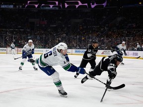 Brock Boeser takes a shot on goal against the Los Angeles Kings in the third period at Crypto.com Arena on March 05, 2024 in Los Angeles, California.