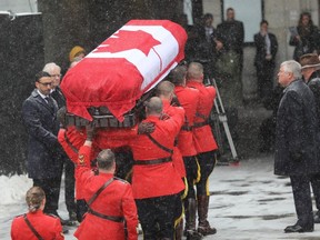 The casket of Brian Mulroney, Canada’s 18th prime minister, is arrives at Notre-Dame Basilica in Montreal for his state funeral on Saturday, March 23, 2024.