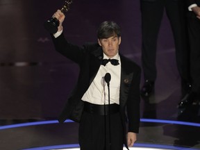 Cillian Murphy accepts the award for best performance by an actor in a leading role for "Oppenheimer" during the Oscars on Sunday, March 10, 2024, at the Dolby Theatre in Los Angeles.