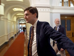 Premier David Eby arrives ahead of the budget speech at the legislature in Victoria on Feb. 22, 2024.