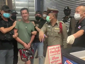 Kent Douglas Meades, 46, charged after a wave of random stranger attacks in Vancouver, shows his calm side with police in Thailand after he smashed up a bank in a rage in 2022. Vancouver police said he seemed to be having mental health challenges.
