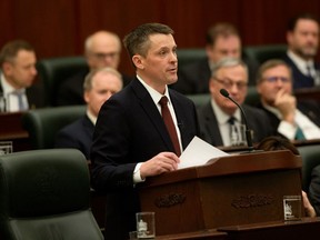 Finance Minister Nate Horner delivers the 2024 provincial budget at the Alberta Legislature, in Edmonton on Feb. 29.