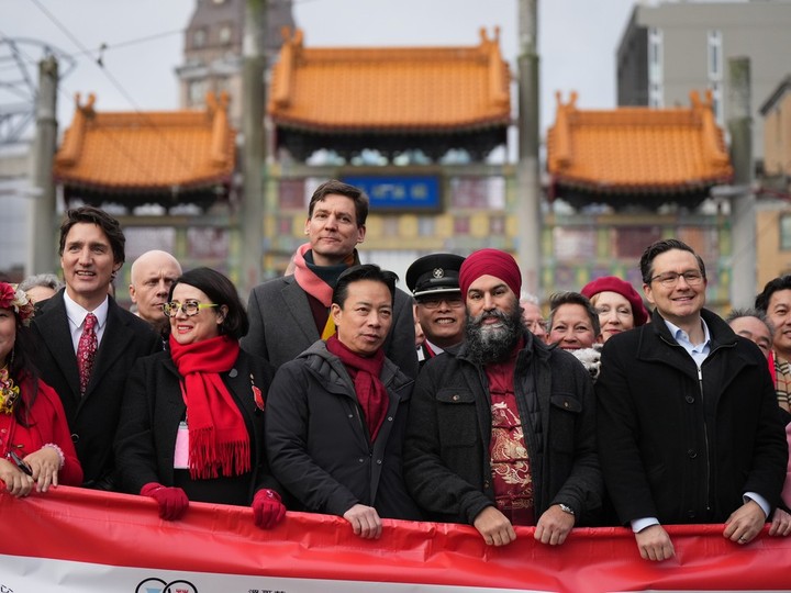  Conservative Leader Pierre Poilievre (front right as political leaders gather in Vancouver in 2023 for Lunar New Year parade) is forecast to clobber Prime Minister Justin Trudeau (left) and NDP Leader Jagmeet Singh (second from right) in British Columbia.