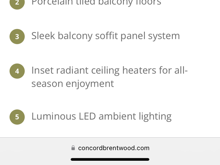  A screenshot from Concord Pacific’s website advertising features at Hillside East with photos and text naming five specific features, including a “sleek balcony soffit panel system” and “inset radiant ceiling heaters for all-season enjoyment.”