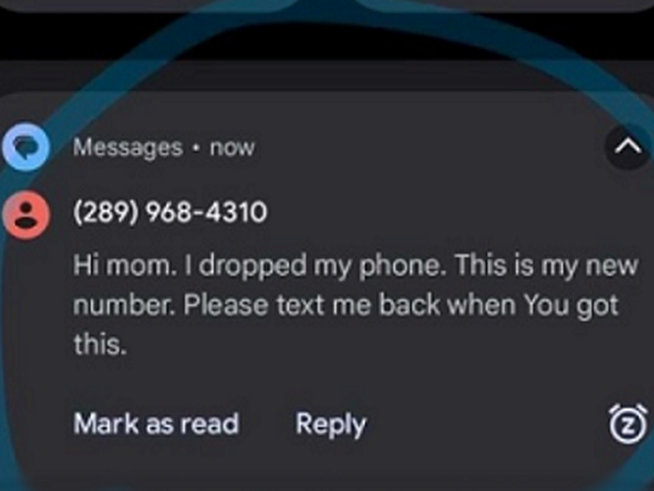  A screenshot of a text message used in a broken phone scam (Image credit: North Vancouver RCMP)