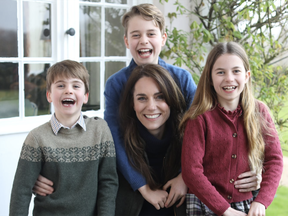 This photo of Kate, Princess of Wales with her children, Prince Louis, left, Prince George and Princess Charlotte, was issued on Sunday March 10, 2024 by Kensington Palace.