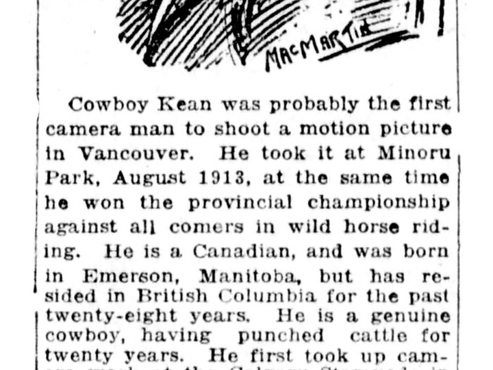  Article on A.D. (Cowboy) Kean in the Feb. 7, 1920, Vancouver World.