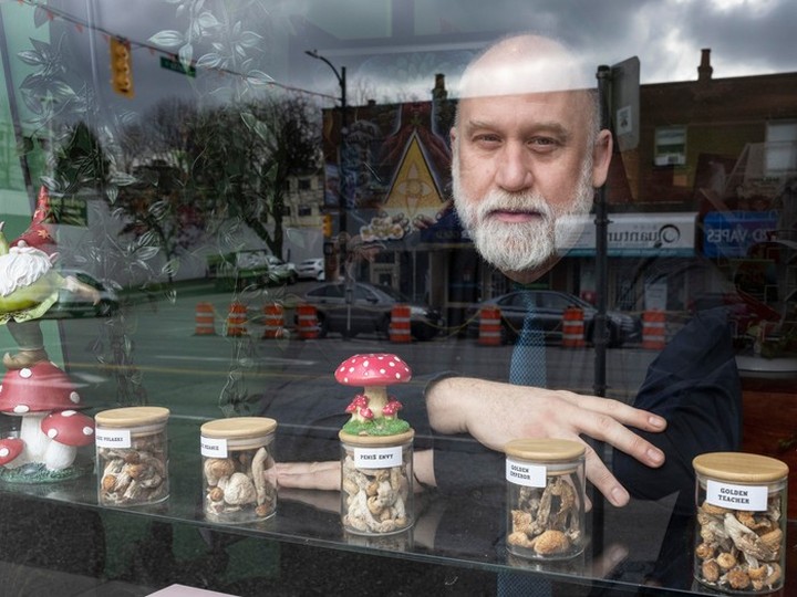  Dana Larsen at his Medicinal Mushroom Dispensary on W. Broadway in Vancouver March 6, 2024.