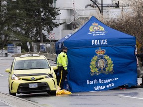 Vancouver RCMP on scene of a fatal pedestrian accident involving a taxi Saturday morning, March 9, 2024.