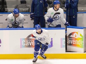 Vancouver Canucks Dakota Joshua, Teddy Blueger and Conor Garland practice at Rogers Arena. Joshua had been a linchpin on a hard-working third line with Garland and Blueger