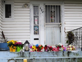 Flowers outside the home of Usha Singh