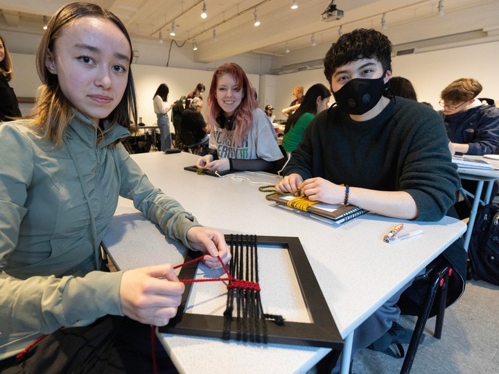  From left, Sophia Coller, Imogen McMahon and Bobo Lee Culham are seen here at the VAG in a workshop on weaving given by master weaver Sam Seward. The trio are members of the Teen Art Group that meets monthly at the Vancouver Art Gallery and Emily Carr University.