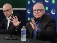 Vancouver Canucks president of hockey operations Jim Rutherford, right, and general manager Patrik Allvin have become a dynamic duo to reshape the team's roster.